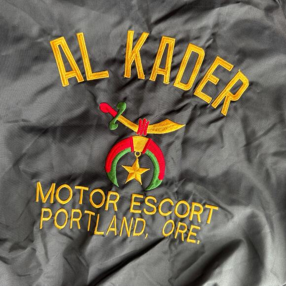 Vintage Al Kader Shriners Fraternity Jacket Satin Black Snap Bomber L Portland - Picture 4 of 9